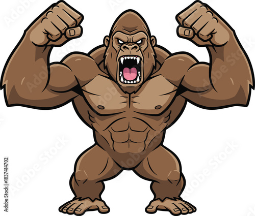 Cartoon muscular gorilla with clenched fists, aggressive expression, strong stance, stylized animal mascot, flat vector illustration