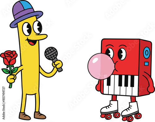 Cartoon musical characters, flower and keyboard mascots, playful performance scene, expressive faces and props, flat vector illustration