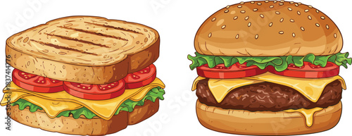 Cartoon sandwich and hamburger comparison, toasted bread vs sesame bun, layered ingredients, food illustration, flat vector design