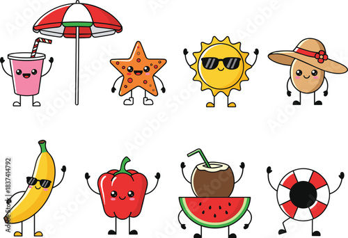 Cartoon summer characters with sunglasses, drinks, fruits, beach umbrella, sun, cloud, playful expressions, flat vector illustration