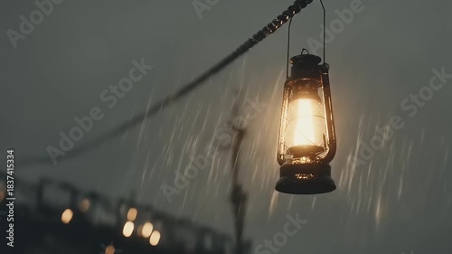 Glowing Lantern in the Rain Illuminates the Dark Night Outdoors.