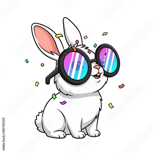 A cheerful rabbit wearing sunglasses and surrounded by colorful confetti, celebrating