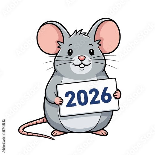 A cartoon mouse holding a sign with the year 2026, possibly used for calendar, new year event or forecast