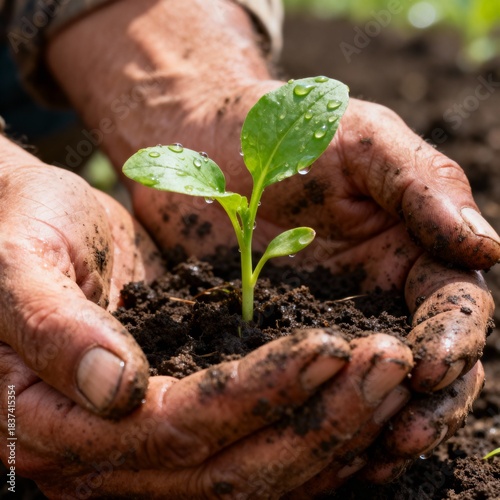 A close-up of hands holding a small green plant in rich soil, showcasing growth and nurturing in a natural environment.