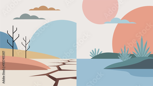 Drought and Water Abundance Landscape Comparison – Modern Pastel Flat Illustration