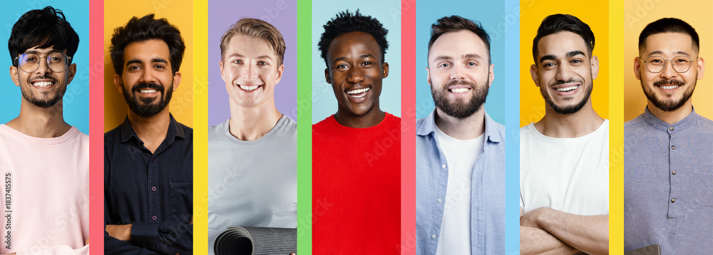 Fototapeta premium Seven men of varying ethnicities stand together on a vibrant set with bold colors behind them. They are smiling and displaying a sense of camaraderie. The scene captures a joyful moment.