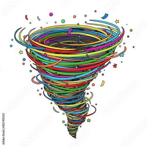 A vibrant and colorful tornado-like illustration