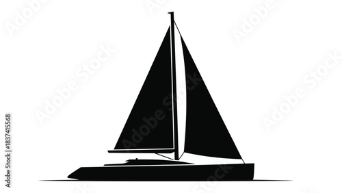 A simple black silhouette of a sailboat on a white background