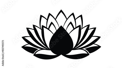A striking black and white illustration of a lotus flower in bloom