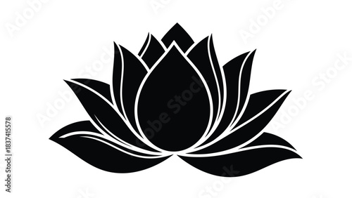 A striking black and white illustration of a blossoming lotus flower design