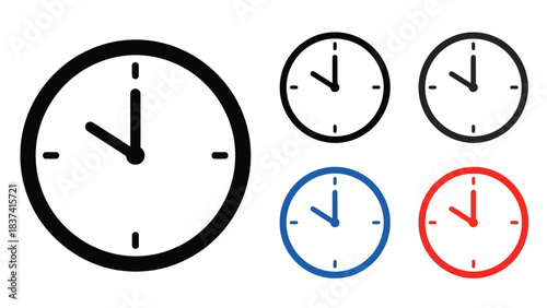 A collection of clock faces displaying different times some are colored