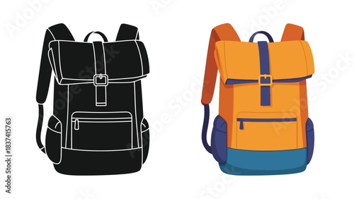 Two backpacks presented in different styles a black outline and a colorful design