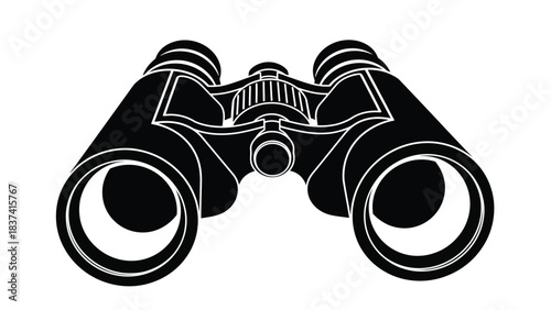 A stylized black and white illustration of a pair of binoculars