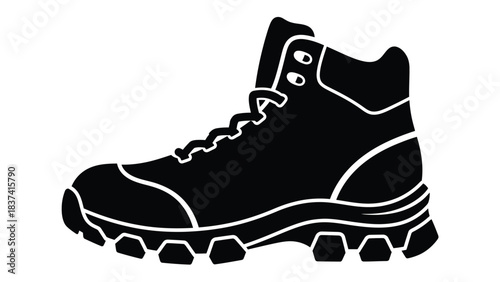 A simple black and white illustration of a single hiking boot