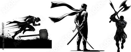 Silhouettes of a Warrior with Hammer, a Swordsman, and a Warrior with Axe vector illustration