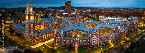 Aerial twilight view of Yale Residential College Buildings Illuminated at night