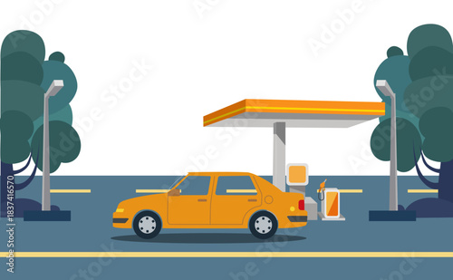 Yellow car refueling at small gas station beside motorway, flat vector illustration with trees and street lights, clean copy space