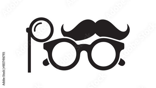Monocle, Glasses, and Mustache Set, Costume Accessories, Close-Up View on White Background, Graphic Illustration