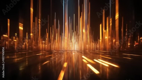 Abstract digital city with glowing orange light trails and reflections on a dark background, representing data flow and technology.