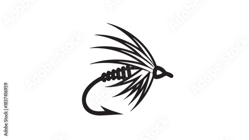 Fishing Fly Hook Illustration, Fly Fishing Equipment, Minimalist Graphic Design, Outdoor Hobby, Black and White Vector Art