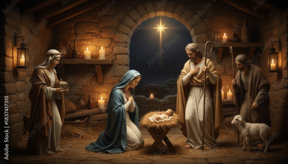 Obraz premium Traditional nativity scene with baby Jesus in a manger, Mary, and Joseph in a rustic stable illuminated by candlelight and the Star of Bethlehem, creating a reverent and holy atmosphere