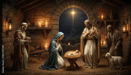Traditional nativity scene with baby Jesus in a manger, Mary, and Joseph in a rustic stable illuminated by candlelight and the Star of Bethlehem, creating a reverent and holy atmosphere