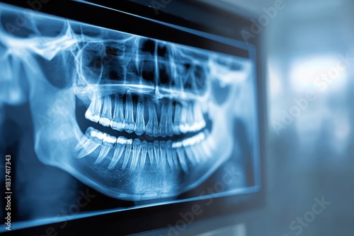Detailed View of a Dental X-ray Showing Teeth Alignment and Jaw Structure in High Resolution