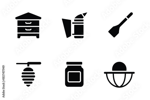 Beekeeping and honey production tools, elements glyph icons.