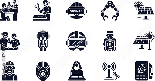 Collection of dark blue technology and science icons on white background vector
