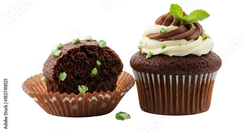 chocolate mint cupcake isolated on white or transparent background, Mint chocolate cupcake decorated sweetly isolated on transparent background for dessert visuals