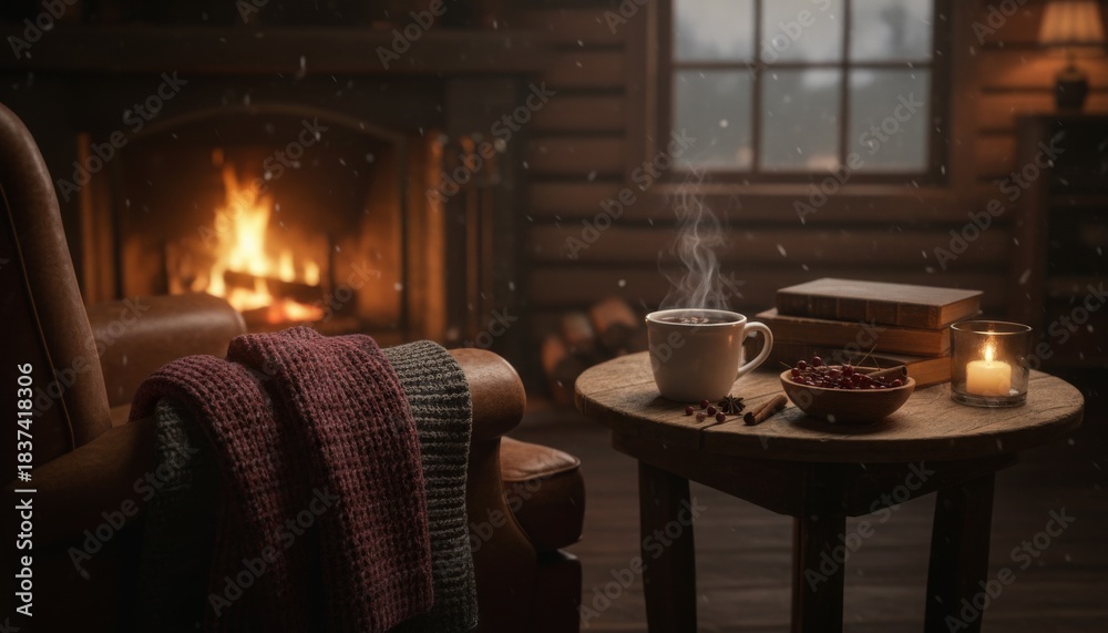 Fototapeta premium Steaming white cup of hot coffee on a rustic table with books and a candle creates a cozy scene inside a warm log cabin with a fireplace on a snowy winter evening