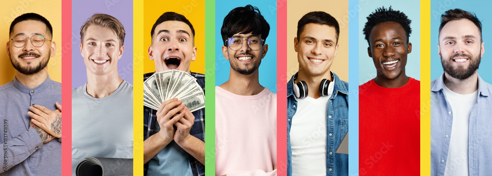 Fototapeta premium Seven young men are standing against colorful vertical backgrounds. Their expressions range from joy to pride. They are engaged in various activities, showcasing their diverse personalities.