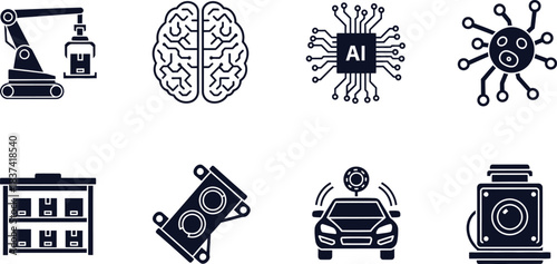Dark Silhouette Icons for AI Robotics and Industry Concepts robot arm factory