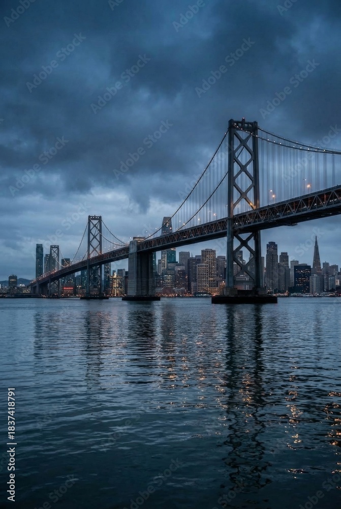 Fototapeta premium Iconic illuminated suspension bridge spanning a wide bay with a modern city skyline of skyscrapers reflecting in the water under a dramatic, cloudy evening sky