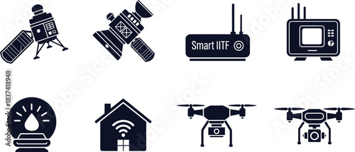 Icons for Space, Smart Home, and Aerial Technology Concepts Keywords: technology, automation, satellite, smart home, Wi- Fi, drone