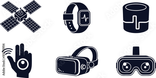 Icons of Satellite, Smartwatch, VR Headset, and Hand Gesture solar panels fitness tracker