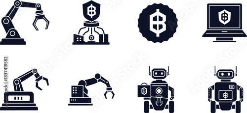 Robotic automation and cryptocurrency icons robot arm factory