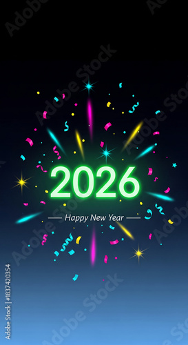 Vertical image featuring bright confetti and glowing neon number 2026, with 