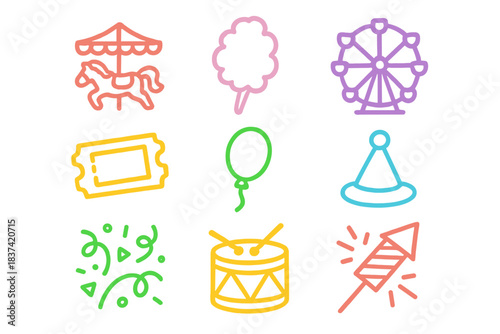 Colorful illustrations of carnival attractions, snacks, and festive items for a fun celebration or fair event