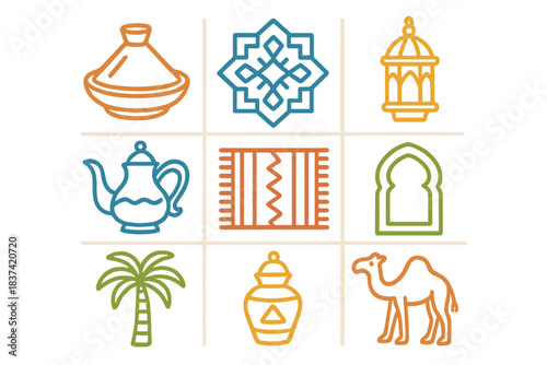 Decorative symbols of Middle Eastern culture featuring teapots, lanterns, and camels in a vibrant design