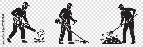 Lawn Care Worker Silhouette Set – Leaf Blower, Trimmer & Rake