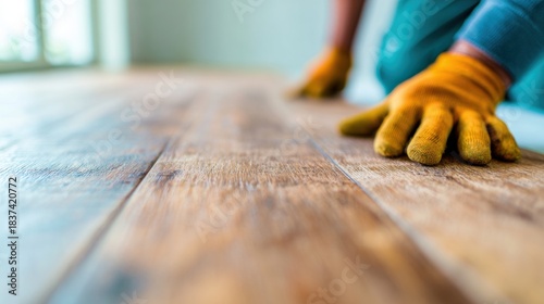 Wallpaper Mural Worker installs wooden floor in room during daytime with tools and gloves Torontodigital.ca