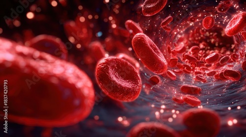 AI generated image of red blood cells stream inside a blood vessel with cinematic bokeh lighting