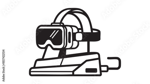 Black and white illustration of virtual reality headset and accessories on a charging stand with cable connected