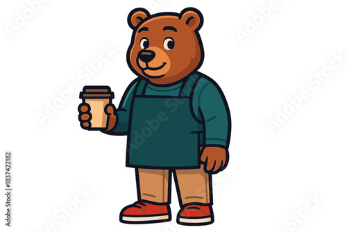 Bear in an apron holding a coffee cup in a cheerful setting ready to serve customers during a busy morning