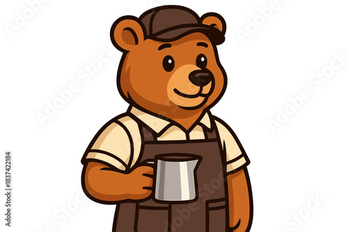 Cute cartoon bear barista holding a coffee cup in a cozy setting