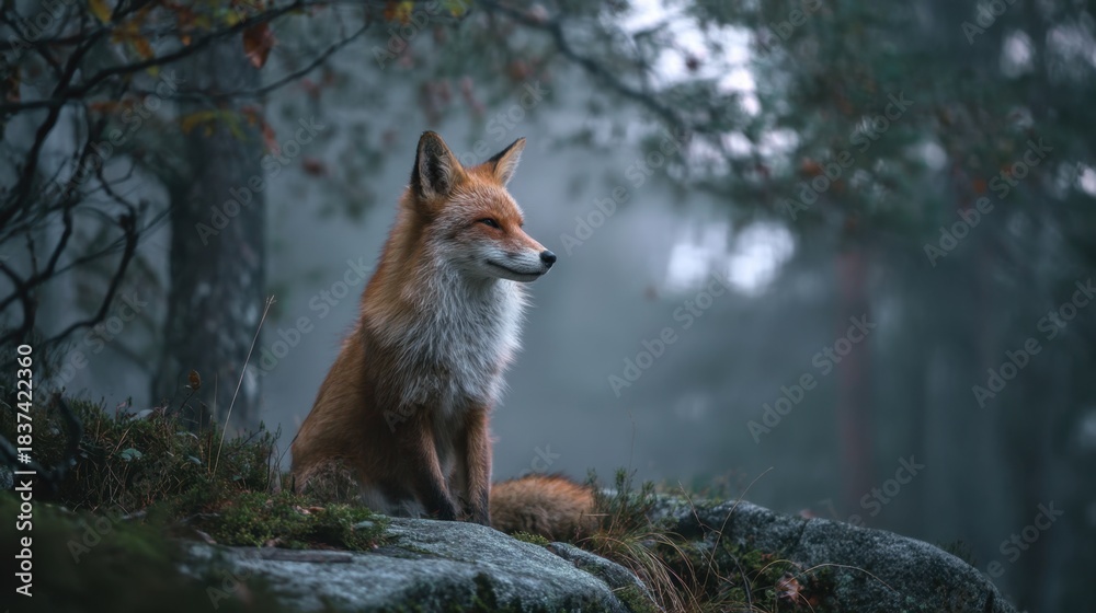 Fototapeta premium A fox is sitting on a rock in a foggy forest. The animal looks alert and focused on its surroundings. Green trees and mist fill the background of this early morning scene.