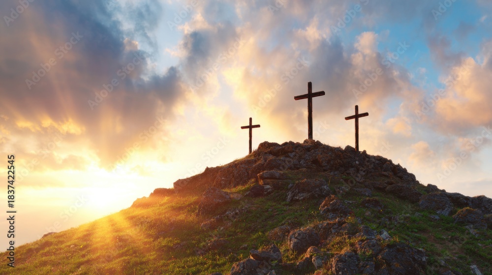 Obraz premium Three crosses on a hill at sunset with clouds in the sky
