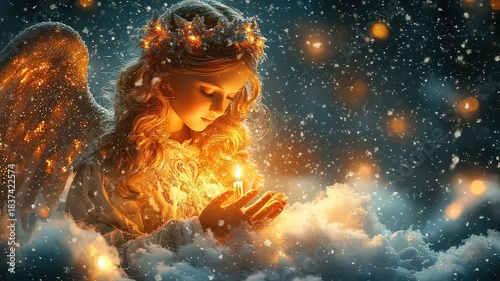 Snowy holiday backdrop with a small white guardian angel surrounded by lights at night, creating a blurred bokeh effect.