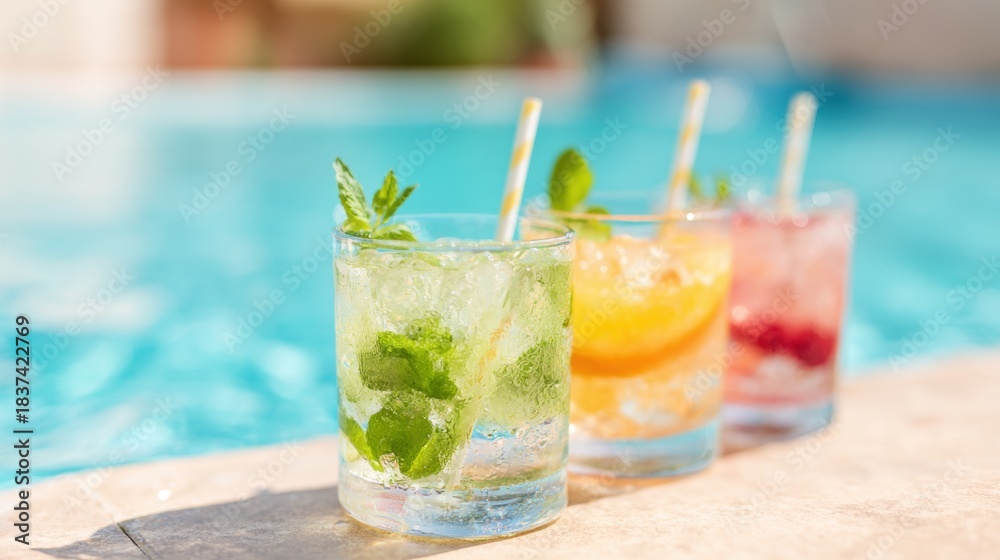 Fototapeta premium Refreshing drinks by the pool during a sunny afternoon gathering